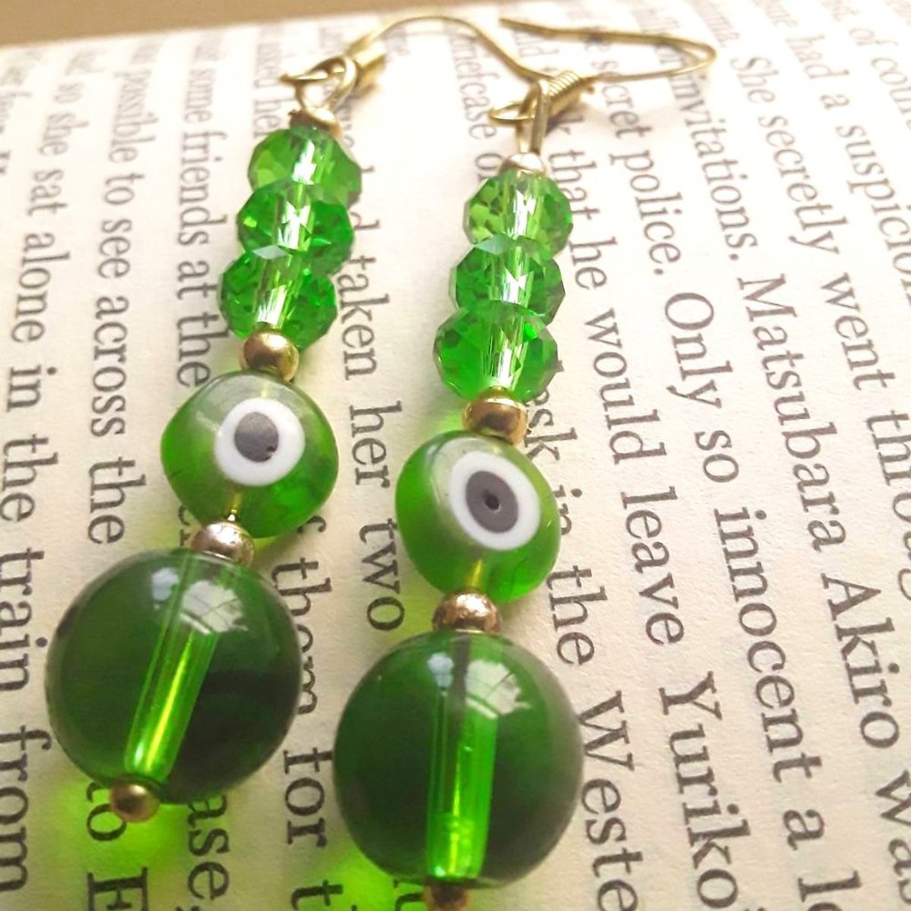 Evil Eye Earrings in Green Beads with Gold Colored Hooks
